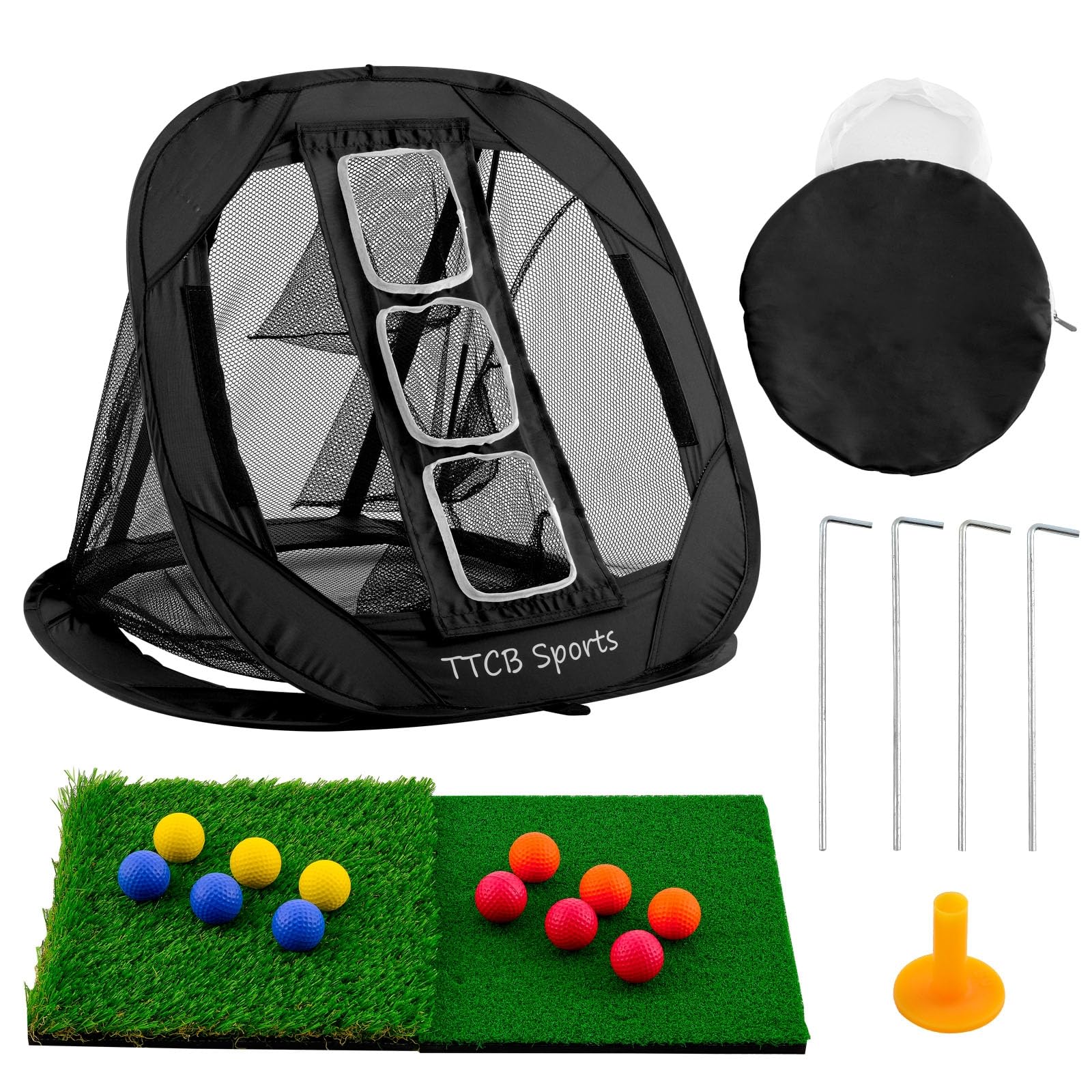 TTCB Sports Golf Chipping Net – Pop Up Simulator Hitting Net with 2 Turf Mat & 12 Foam Balls, Golfer Accessories for Backyard & Driving Range, Great Gifts for Men, Portable Golf Net Indoor/Outdoor