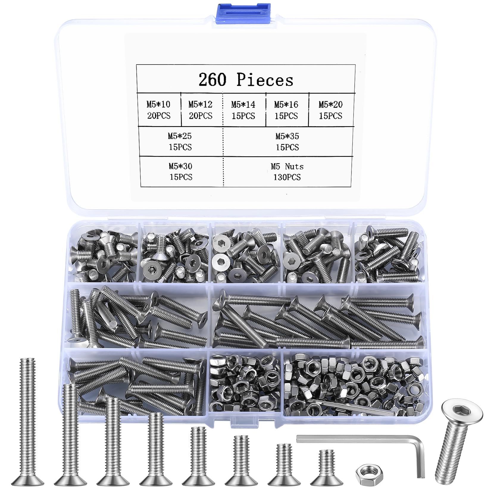 260 Pcs M5 Bolts Set, Flat Head Hex Socket Head Cap Bolts and Nuts Set, Countersunk Screws, Stainless Steel Machine Screws Nuts Assortment Kit (M5)