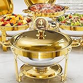 WARMOUNTS Gold Chafing Dishes for Buffet (5QT, 4 Pack), Stainless Steel Round Chafers and Buffet Warmers Sets with Lid Holder, Rolled Rim Process, Stackable Design, for Catering, Parties, Weddings