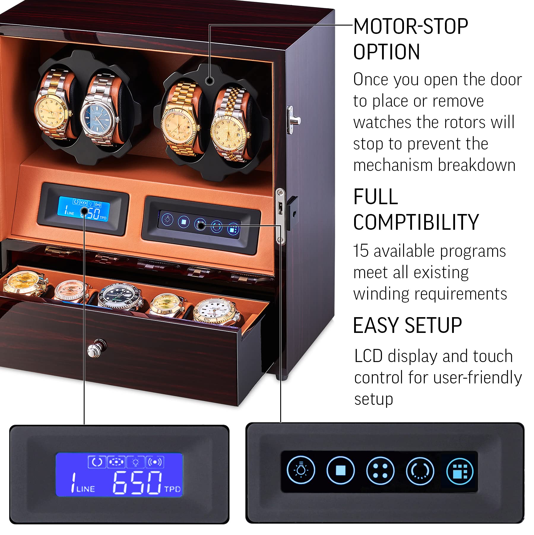 Leader WATCH WINDERS 4 Watch Winder with 5 Watch Storage Space, LCD Display, Touch Control and Interior Light
