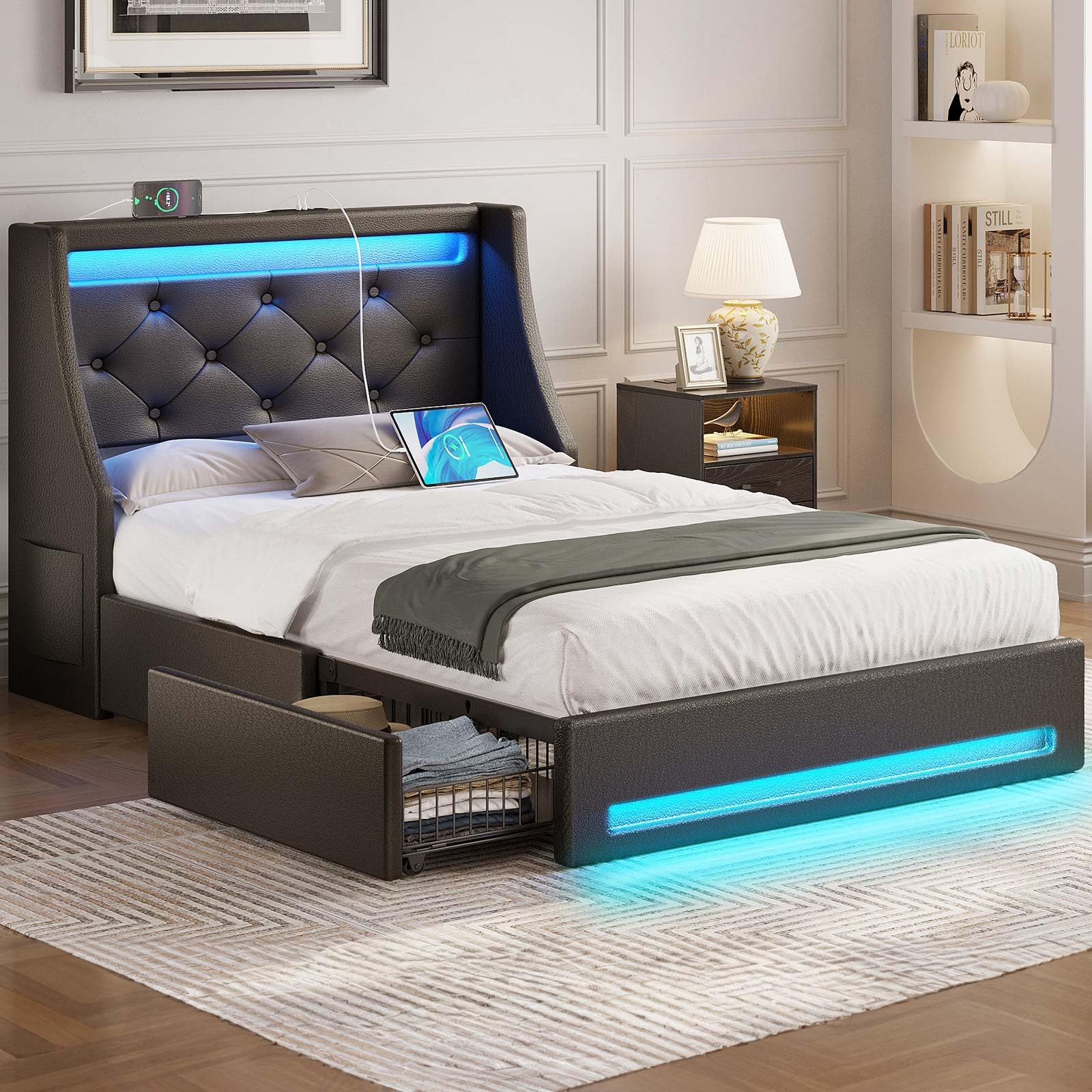 Rolanstar Twin Bed Frame with LED Lights and Charging Station, PU Leather Bed with Drawers, Wooden Slats, Noise Free, Easy Assembly, Black Image