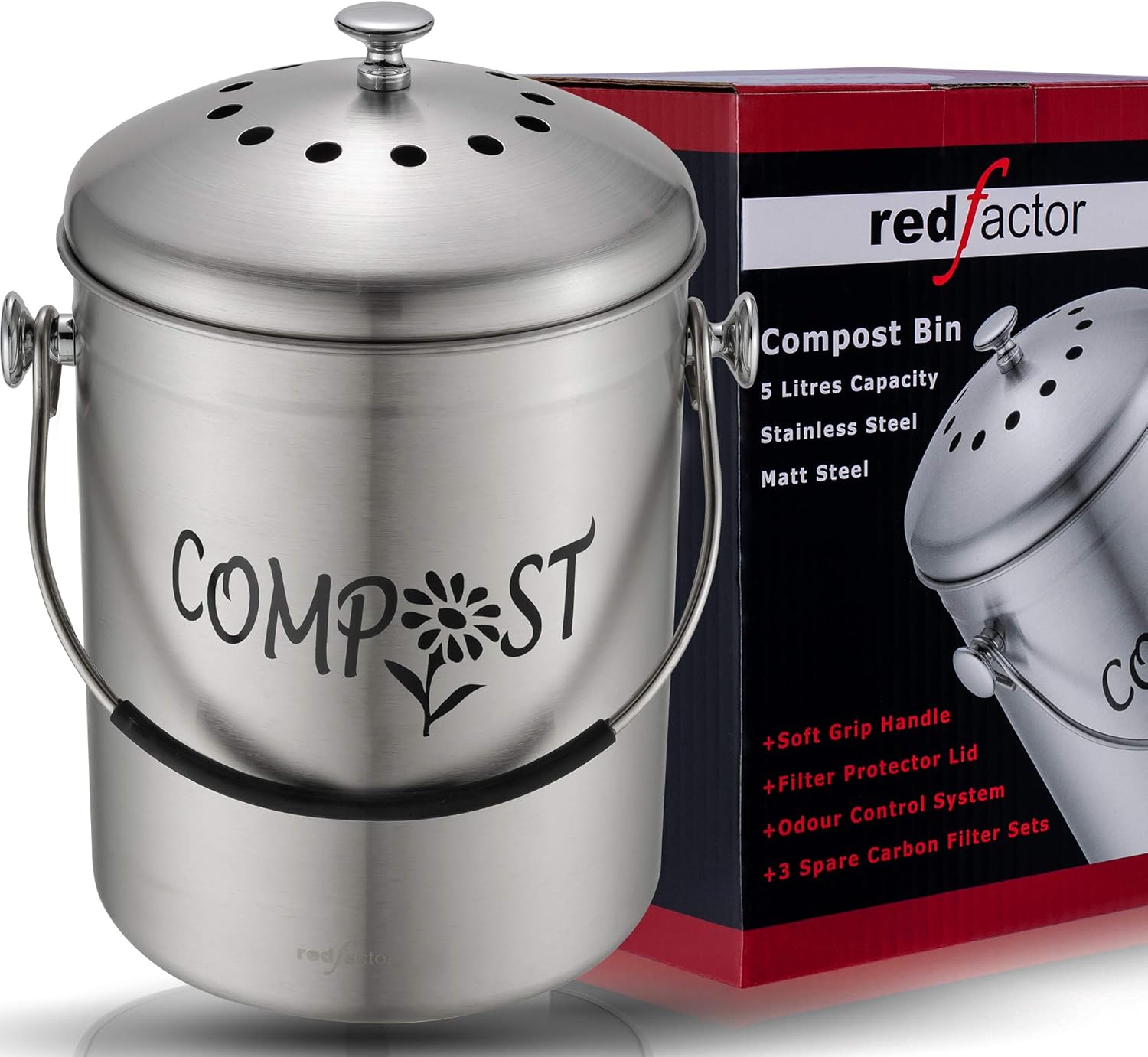 RED FACTOR Deluxe Compost Bin for Kitchen Worktop, Stainless Steel Food Waste Caddy with Innovative Dual Filter Technology