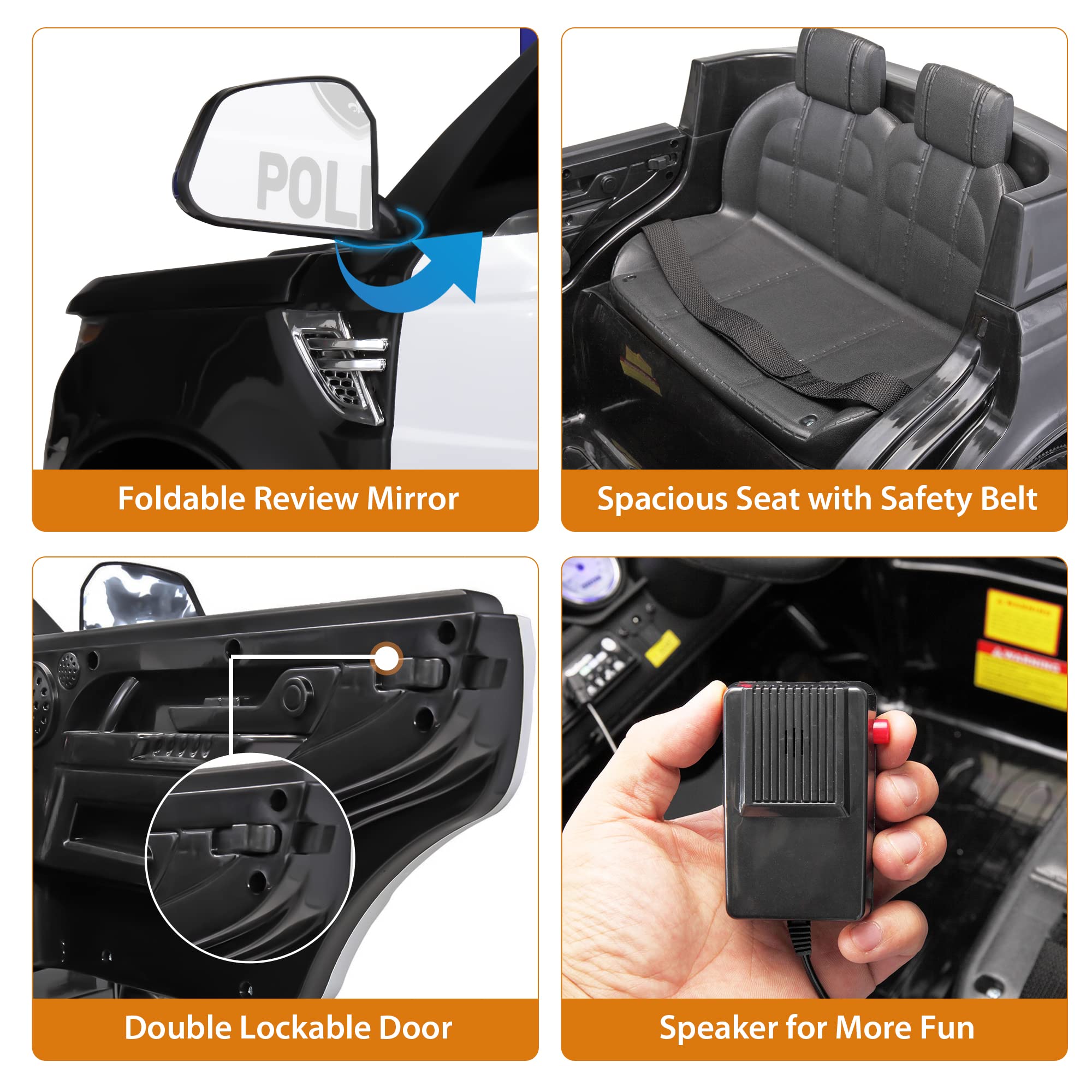 TOBBI Police Car Ride on Electric Car for Kids to Drive Battery Powered Ride-on Toys Cop Cars with Remote Control, Siren, Flashing Lights, Music, Spring Suspension, Carbon Black