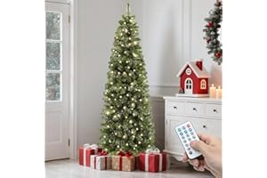 YITAHOME 7.5FT Prelit Pencil Christmas Tree with Remote Control, Slim Fraser Fir Green Christmas Tree with 1000 Branch Tips a