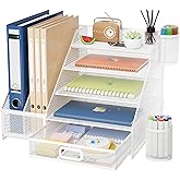 Marbrasse Desk Organizer with File Holder, 5-Tier Paper Letter Tray Organizer with Drawer and 2 Pen Holder,Mesh Desk Organizers and Accessories,Desktop Organizer and Storage for Office Supplies(White)