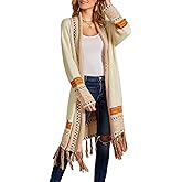 Misassy Womens Boho Open Front Long Cardigans Sweater Loose Long Sleeve Embroidery Tassels Kimono Duster Outwear