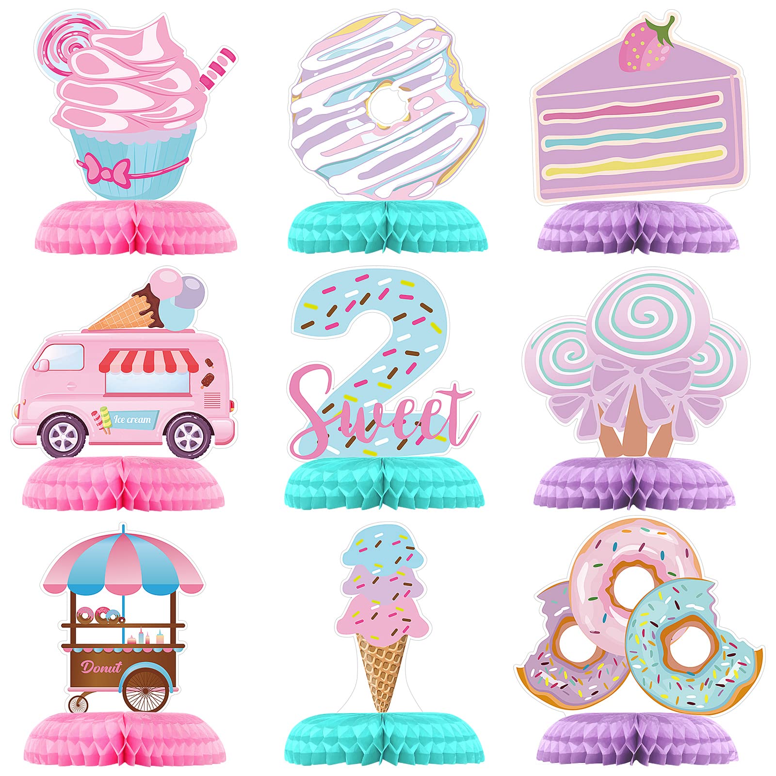 Photo 1 of Hotop 9 Pcs Donut Two Sweet Birthday Party Decorations Table Honeycomb Centerpieces Table Topper Doughnut Birthday Sign Decor Girls Theme Party Supplies for Baby Shower