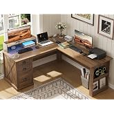 Lareth 59" Farmhouse Executive L Shaped Desk with Monitor Stand, LED Lights | Corner Computer Desk with Power Outlets, Rustic Home Office Desk with File Cabinet for Working Gaming Writing, Dark Walnut