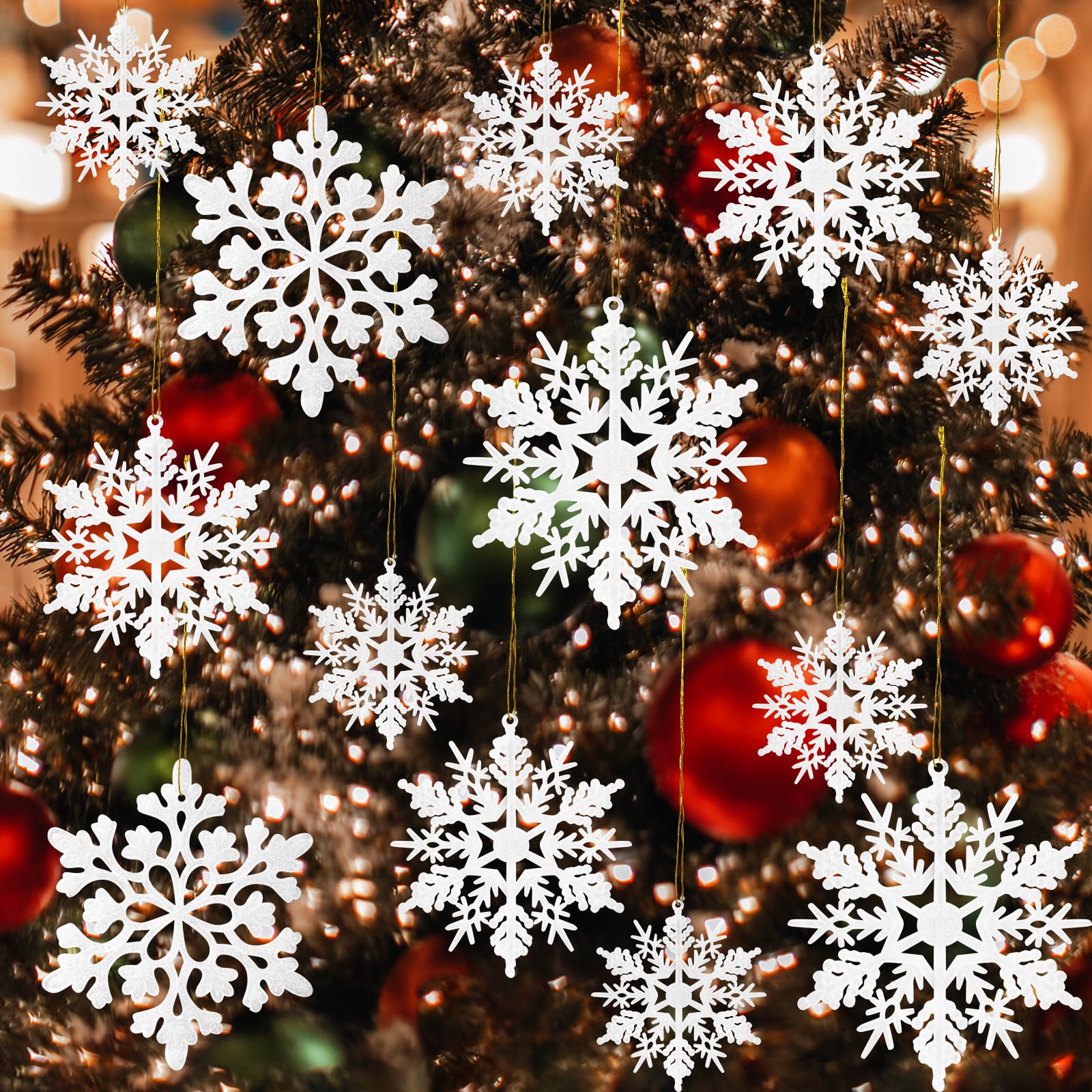 Photo 1 of 36-Pack Snowflake Christmas Tree Ornaments - White Glitter Snowflake Decorations for Xmas Tree, Adornos para Árbol de Navidad, Winter Snow Flakes Decor.