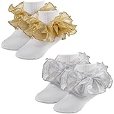 MKYSZLT Girls Ruffle Socks Toddler Girl Gold Silver Glitter Double Lace Frilly Dress Socks Turn Cuff Sparkling Pageant Sock
