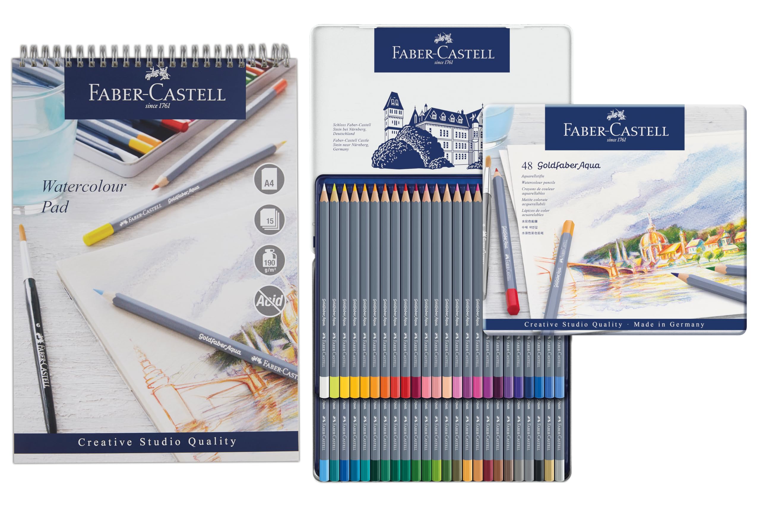 Faber-Castell Goldfaber Aqua, Watercolour Pencils, Tin Of 48 & Watercolour Pad, A4, Spiral Bound Paper, 190 GSM, 15 Sheets