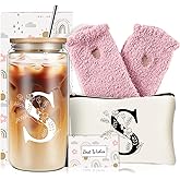 Unique Initial Glass Cup with Lids and Straws, Monogrammed Gifts Box Included Makeup Bag, Christmas Birthday Gifts for Women Mom Sister Grandma, S