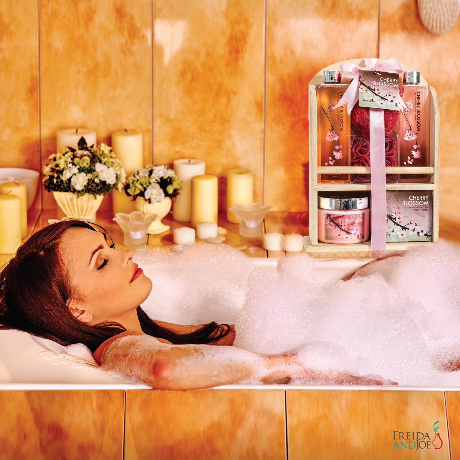 Home Spa Gift Basket - Deluxe Cherry Blossom Fragrance - Luxury Bath & Body Set For Women - Contains Shower Gel, Bubble Bath, Bath Salts, Body Lotion, Bath Puff, Pink Bath Rose Soaps in Wooden Curio : Beauty