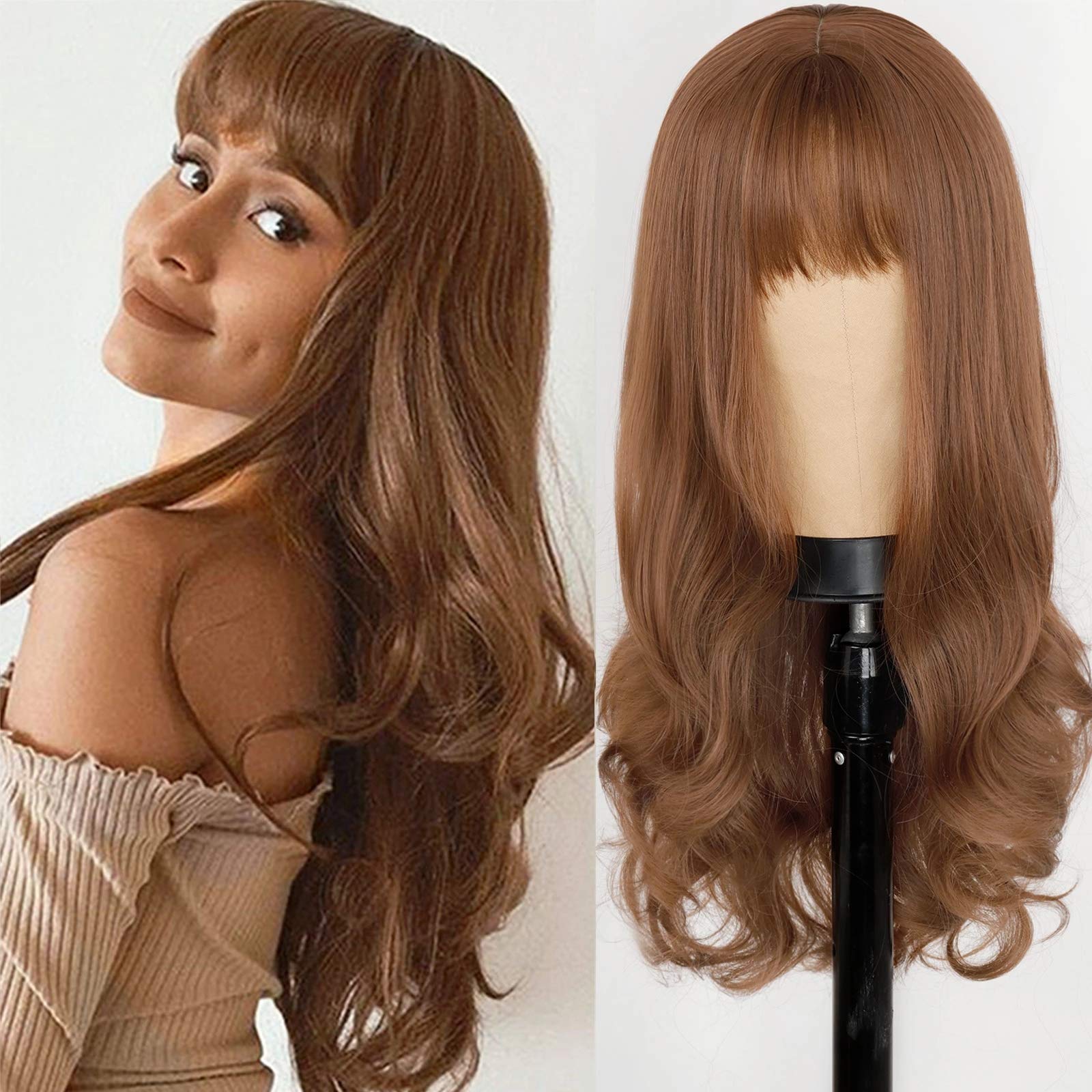 RemeeHi Synthetic Wigs with Air Bangs Neat Fringe Big Wave Long Curly Women's Full Wigs Honey Brown