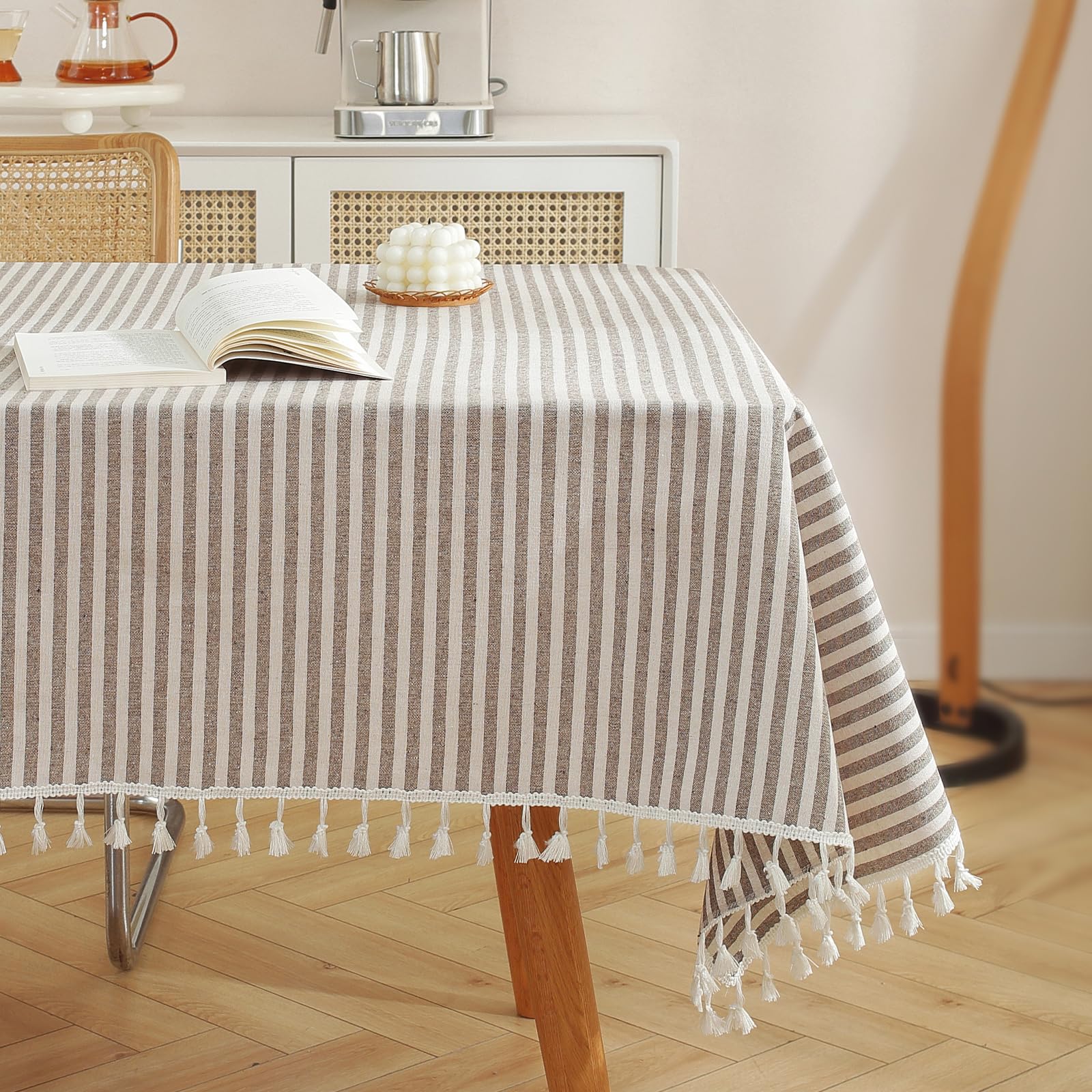 Photo 1 of meioro Striped Tablecloth Rectangle Tablecloths Cotton Blend Table Cloth Washable Tabletop Decorative Fabric Table Cover for Kitchen Dinning (Brown, 60 x 120 Inch)