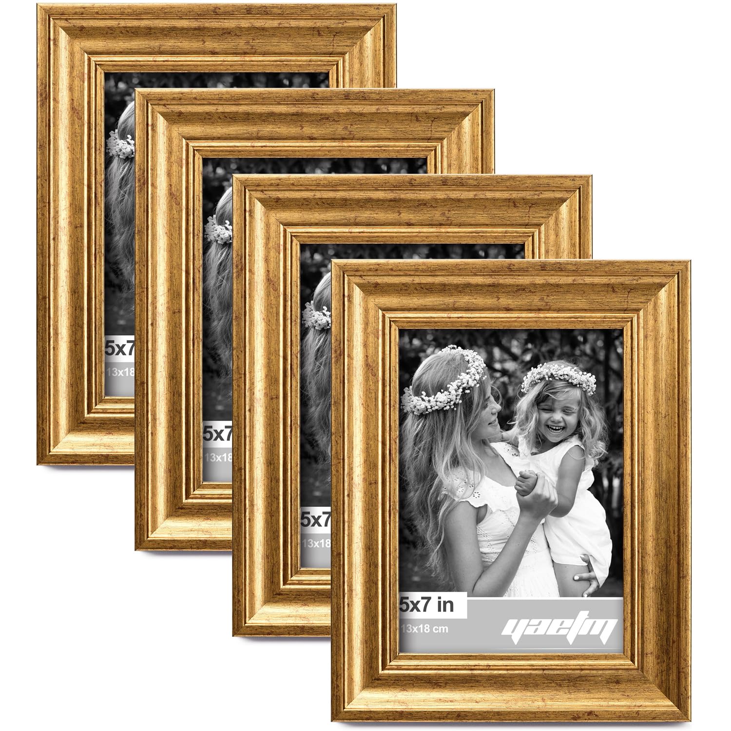 Photo 1 of Yaetm 5x7 Gold Picture Frame Set of 4, 1.4” Wide Molding & Rustic Gold Photo Frames 5 x 7 with HD Tempered Glass, Display on Tabletop & Wall Mounting, 4 Pack
