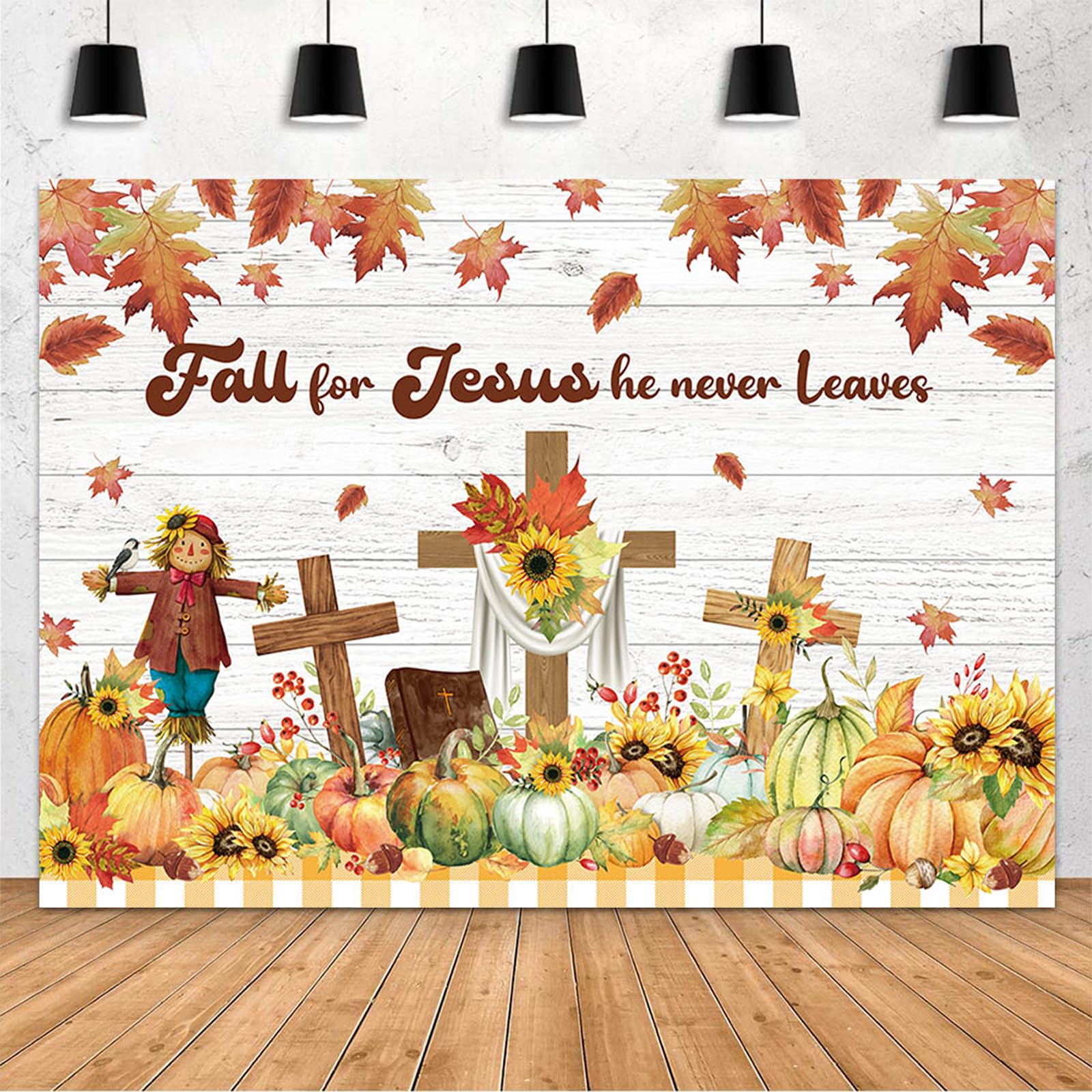 Photo 1 of MEHOFOND Fall for Jesus Backdrop Pumpkin Sunflower Autumn Decorations Banner Maple Leaf Bible Decoration Christian Religion Polyester Background Fall Thanksgiving Party Supplies Photo Props 7x5ft