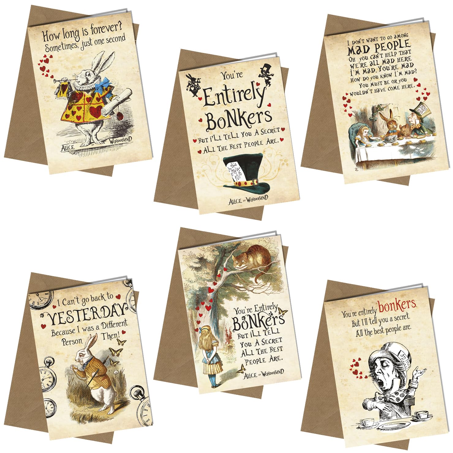 Alice in Wonderland x 6 Cards / Birthday Cards / Friendship Cards / Valentine Cards / Anniversary Cards including Envelopes, C5 162 x 225mm Including Enlelope