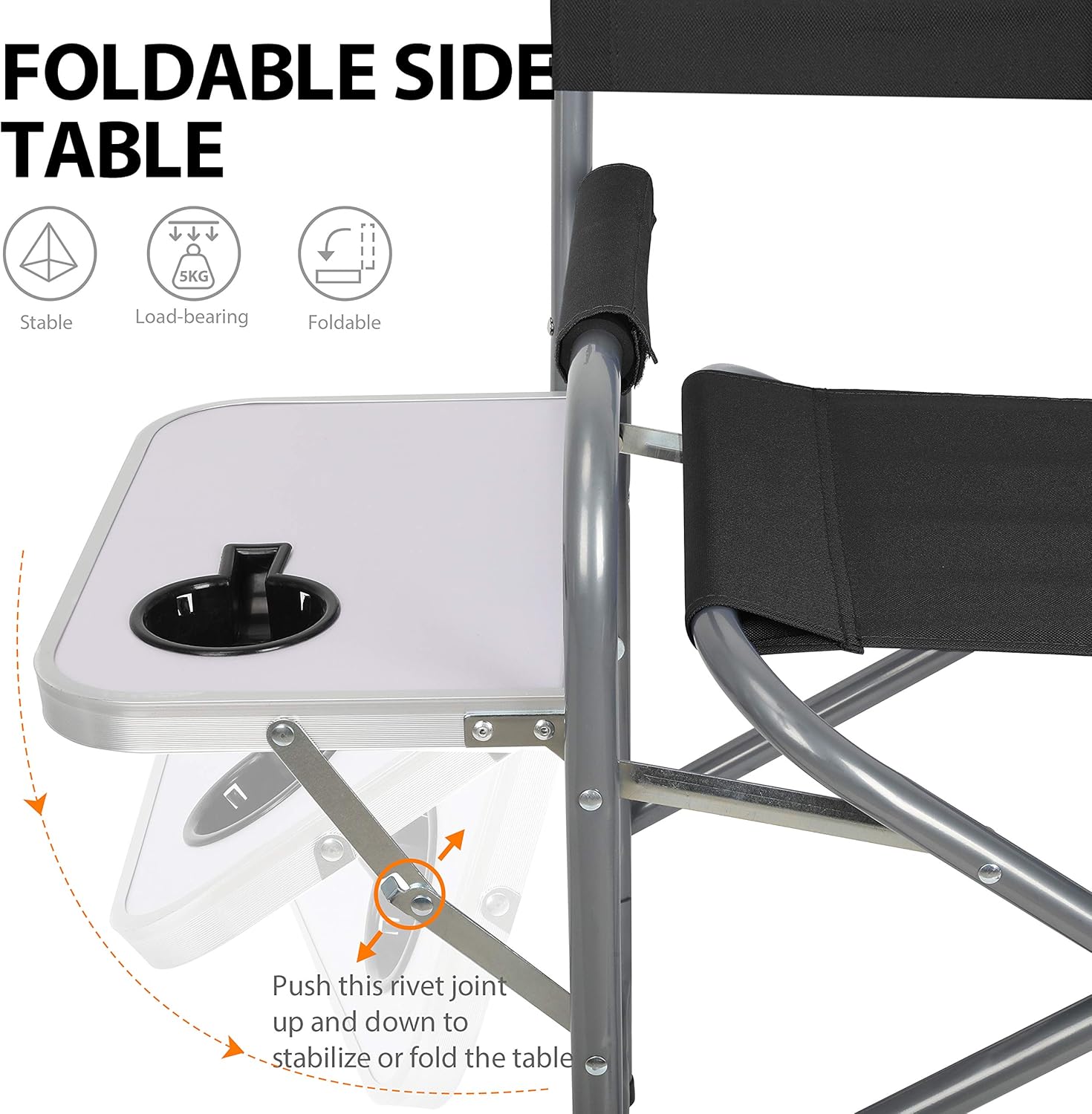 Ubon Steel Frame Portable Director's Chair - Ultra-Wide & Lightweight Seat with Collapsible Side Table & Pockets - Foldable Seat for Camping, Beach, Travel, Sports Games - 300lb Capacity - Dark Black : Sports & Outdoors
