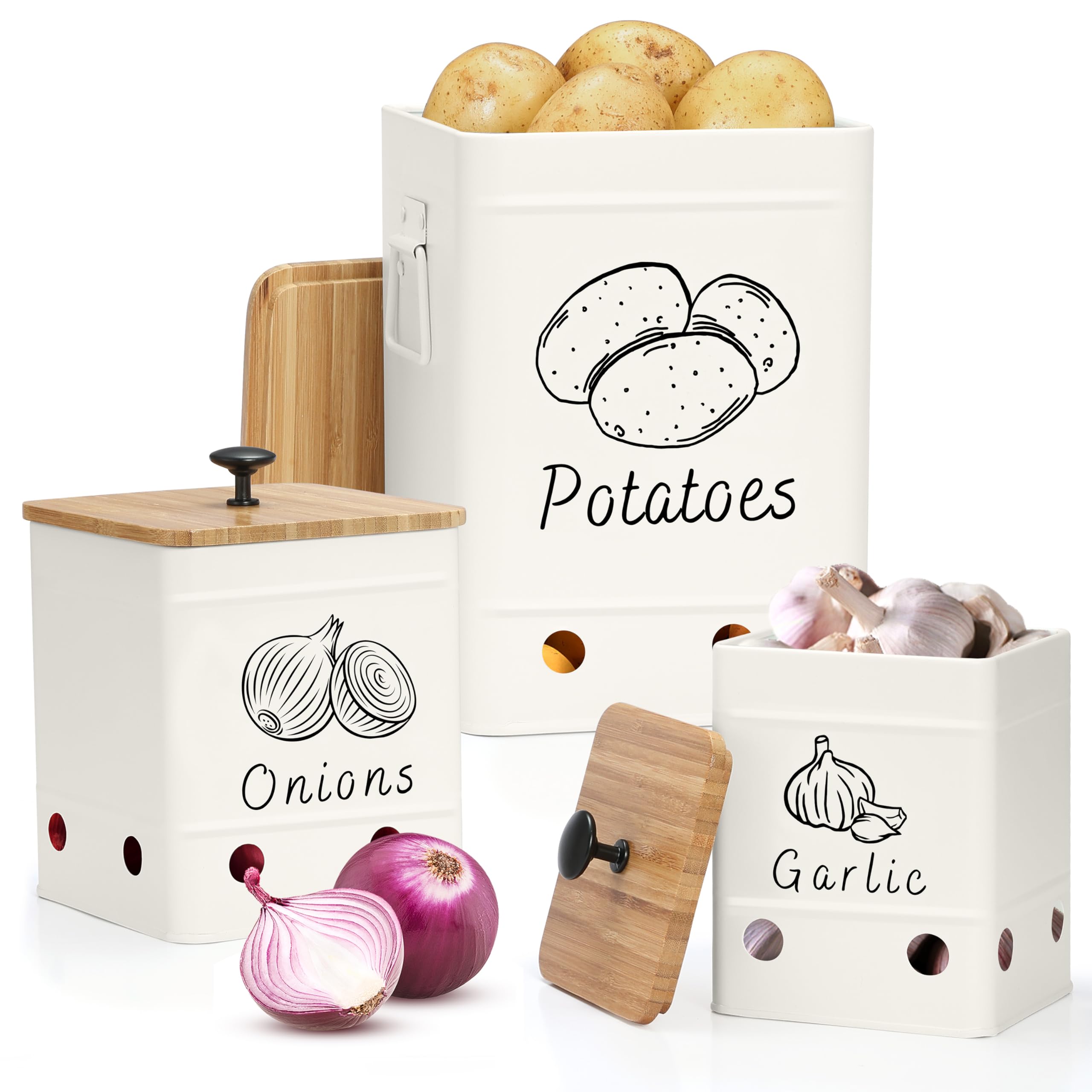 Photo 1 of PERFNIQUE Kitchen Vegetable Storage Container, Potato Onion Garlic Storage Bin Set of 3 for Countertop Pantry, Metal Canisters Organization Keeper Holder Tin with Aerating Holes and Lid (White)
