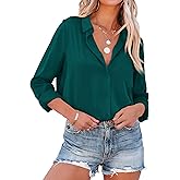 AISEW Womens Satin Button Down Shirts V Neck Long/Short Sleeve Office Blouses Business Casual Tops