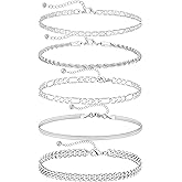 DEARMAY Dainty Silver Plated Ankle Bracelets for Women Waterproof, Silver Anklets Jewelry Layered Cuban Chain Herringbone Cute Anklets Set Pack Summer Beach Gift for Women Teen