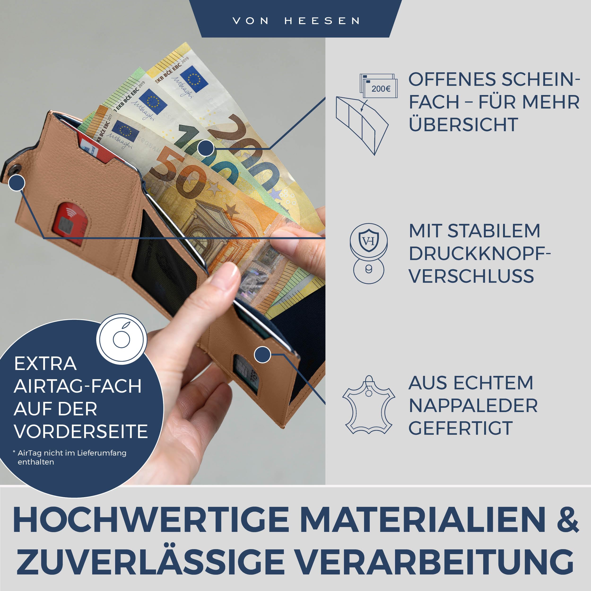 VON HEESEN Airtag Slim Wallet mit RFID-Schutz - Airtag Portmonee Herren klein aus echtem Leder - Mini Geldbörse - Kreditkartenetui Kartenetui - Portemonnaie Geldbeutel (Rose) 3