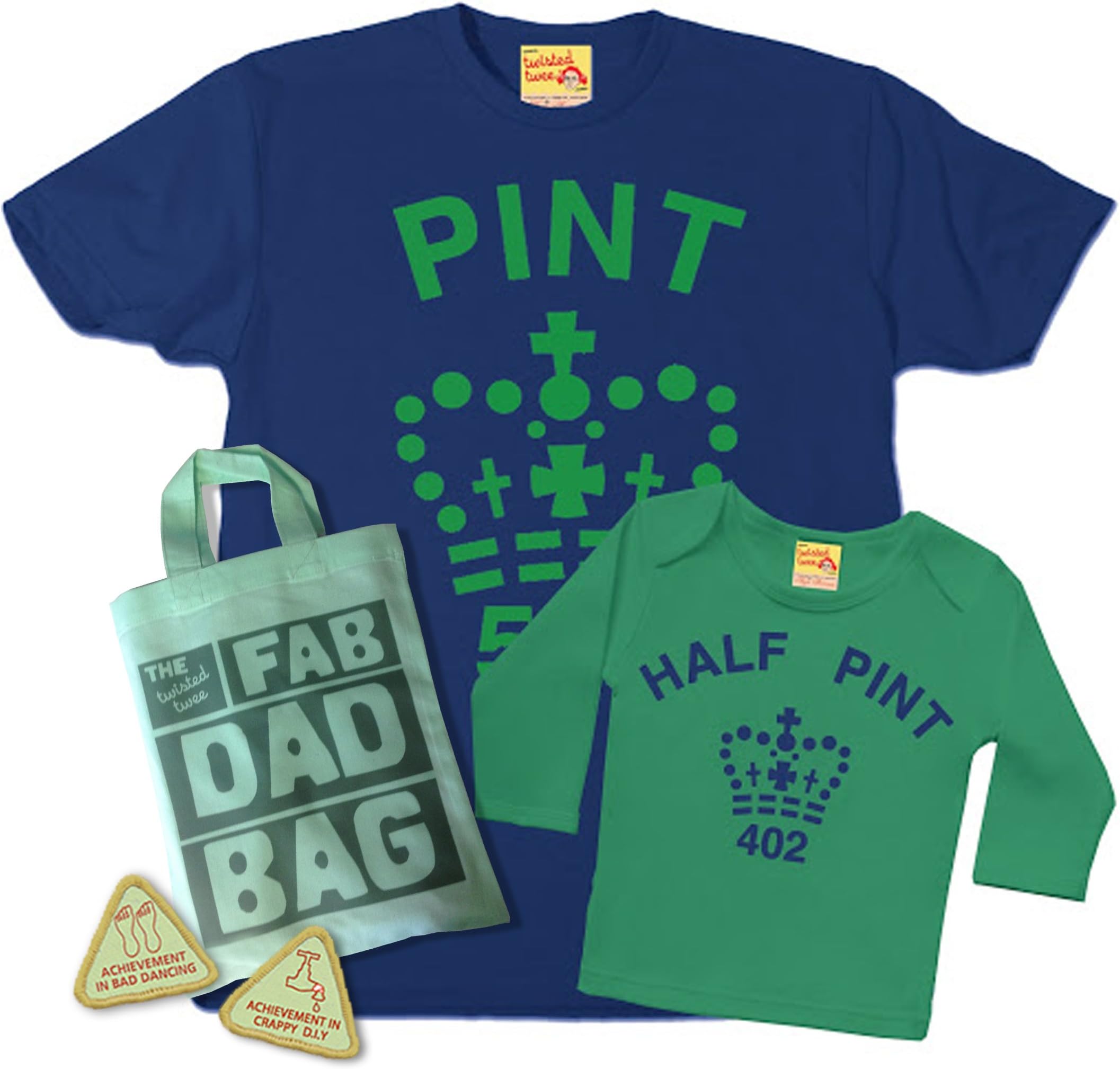Twisted Twee Limited Matching Pint & Half Pint T Shirt Set for Father & Son or Daughter - Blue/Green - with Fab Dad Goody Bag and Extra dad Treats.