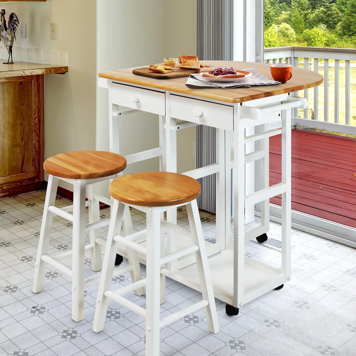 Casual Home Drop Leaf Breakfast Cart with 2 Stools-White: Furniture & Decor