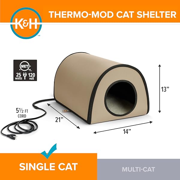 K&H PET PRODUCTS HEATED OUTDOOR CAT HOUSE FOR OUTSIDE – THERMO MOD KITTY SHELTER, INSULATED, WATERPROOF, HEATED FLOOR, WASHABLE COVER, SAFETY LISTED – SMALL 21 X 14 X 13IN TAN 20W