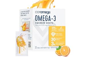 Coromega Omega 3 Fish Oil Supplement with Additional Vitamin D3, 650mg of Omega-3s with 3X Better Absorption Than Softgels, Tropical Orange Flavor, 30 Single Serve Squeeze Packets