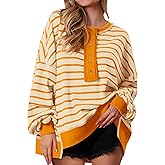 PRETTYGARDEN Womens Fall 2026 Striped Oversized Sweatshirt Long Sleeve Button Up Henley Neck Waffle Knit Pullover Tunic Tops