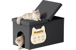 Fecuria 3-in-1 Cat Litter Box Enclosure with Odor Control, Multi-Functional Hidden Litter Box Furniture Bench, Dog Proof, Space-Saving Ottoman Cabinet with Flip-Up Lid, Storage Footrest, Dark Grey