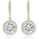 Gold-Plated CZ Halo Drop Earrings – Bridal Simulated Diamond Dangle Earrings for Women – Hypoallergenic Leverback Style – Heart, Round, Square, Triangle Shapes