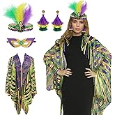 Aitsite 4Pcs Mardi Gras Outfit for Women,Shawl Scarf with Mardi Gras Accessories Including Mask Feather Headband Earrings