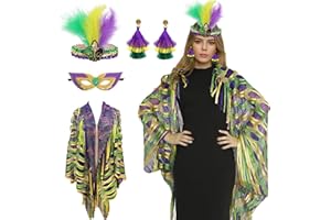 Aitsite 4Pcs Mardi Gras Outfit for Women,Shawl Scarf with Mardi Gras Accessories Including Mask Feather Headband Earrings