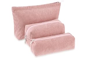 Huhumy 3 Pcs Makeup Bag Set for Women Corduroy Cosmetic Pouch Aesthetic Smile Travel Toiletry Bag Cute Purse Pouch Pencil Case Makeup Brushes Storage Organizer for Christmas(Pink,Solid Style)