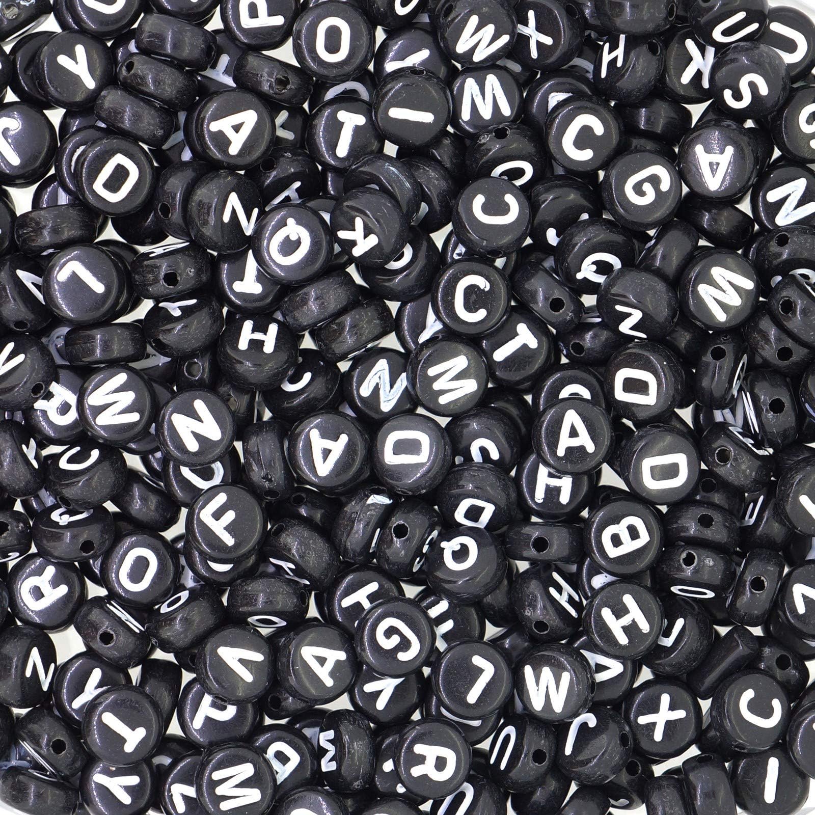 Acrylic Alphabet Beads, Flat Round 7mm Diameter, Black with with Letter, 50g, approx 370pcs Randonly Mixed