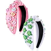 Zeyune 2 Pcs Valentine‘s Day Headbands for Women Valentine Beaded Heart Headband Jeweled Rhinestone Knot Hair Accessories Mardi Gras Outfit for Holiday Gifts(Pink and White)