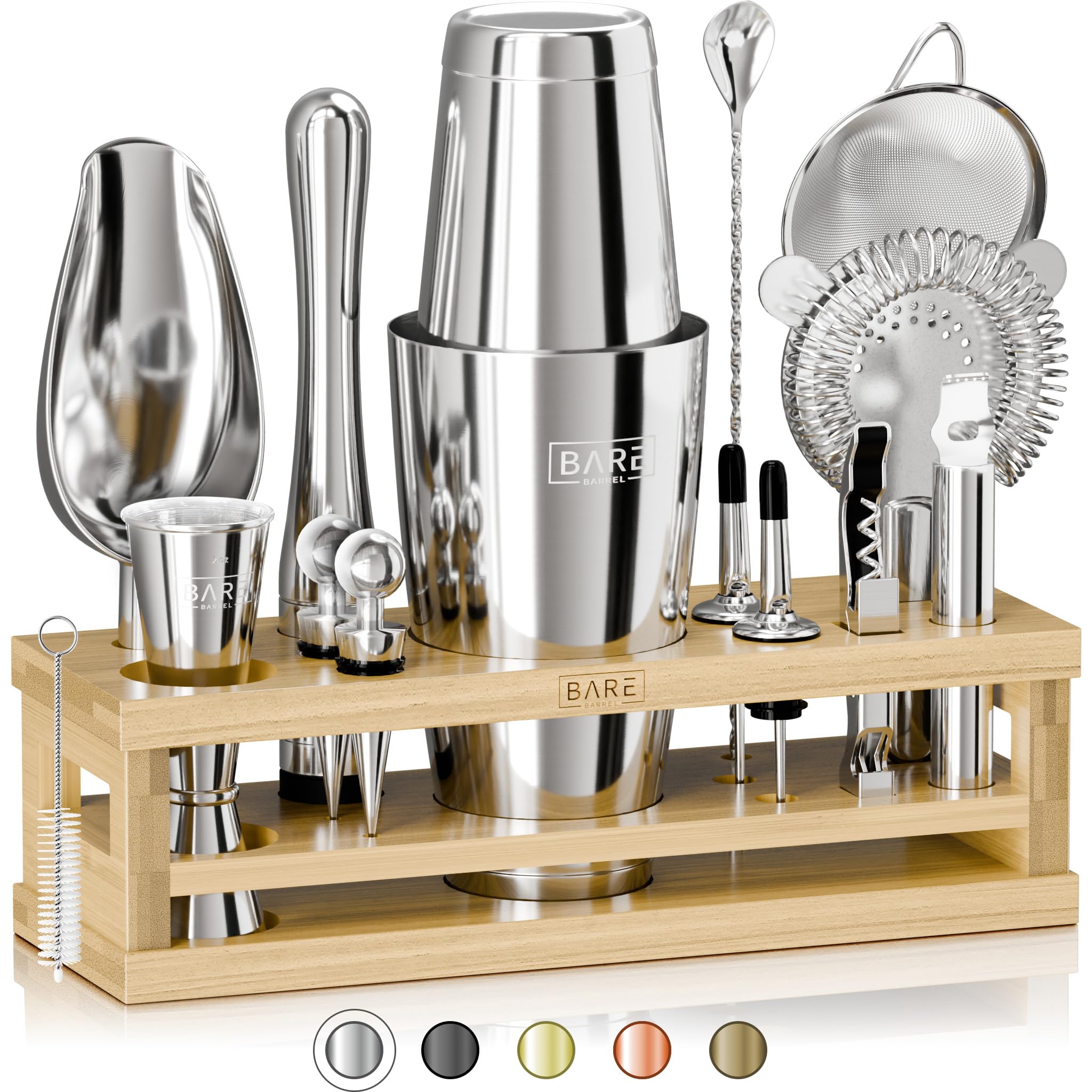 Photo 1 of BARE BARREL® Mixology Bartender Kit Bar Set | 16-Piece Cocktail Shaker Set | Martini Barware Mixing Tools for Home Bartending | Incl. 35 Recipe Cards | Gift Set (28oz Boston Shaker, Silver/Natural)