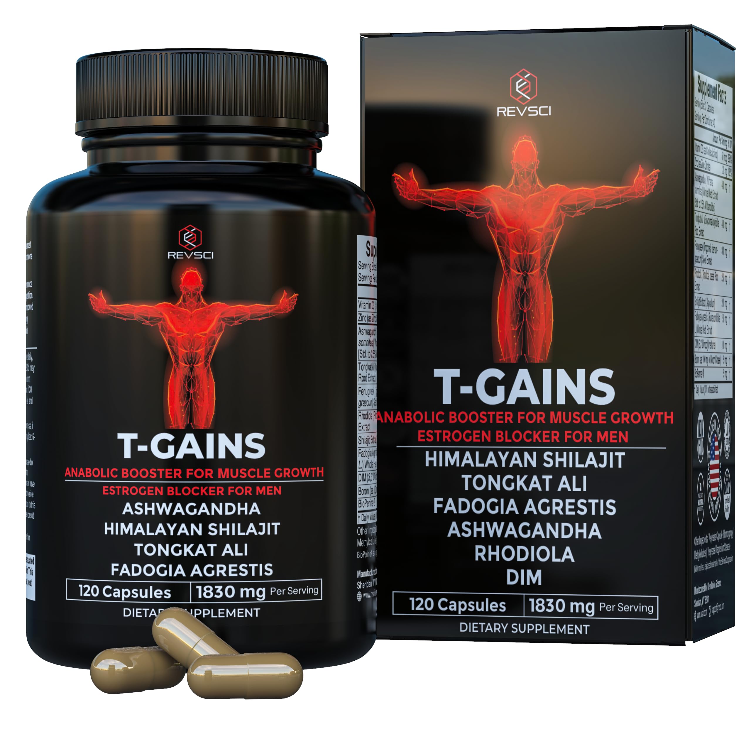 Testosterone Supplement for Men - T-GAINS Natural Testosterone Booster for Men with Longjack Tongkat Ali, Fadogia Agrestis, Shilajit - Estrogen Blocker, Mucle Builder & Vitality Support, 120 Count