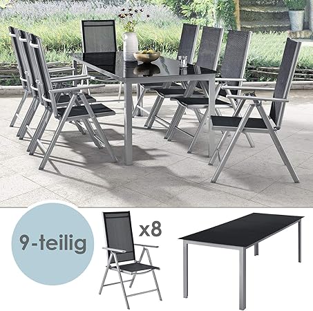 Amazon De Artlife Aluminium Gartengarnitur Milano Gartenmobel Set Mit Tisch Und 8 Stuhlen Silber Grau Mit Schwarzer Kunstfaser Alu Sitzgruppe Balkonmobel