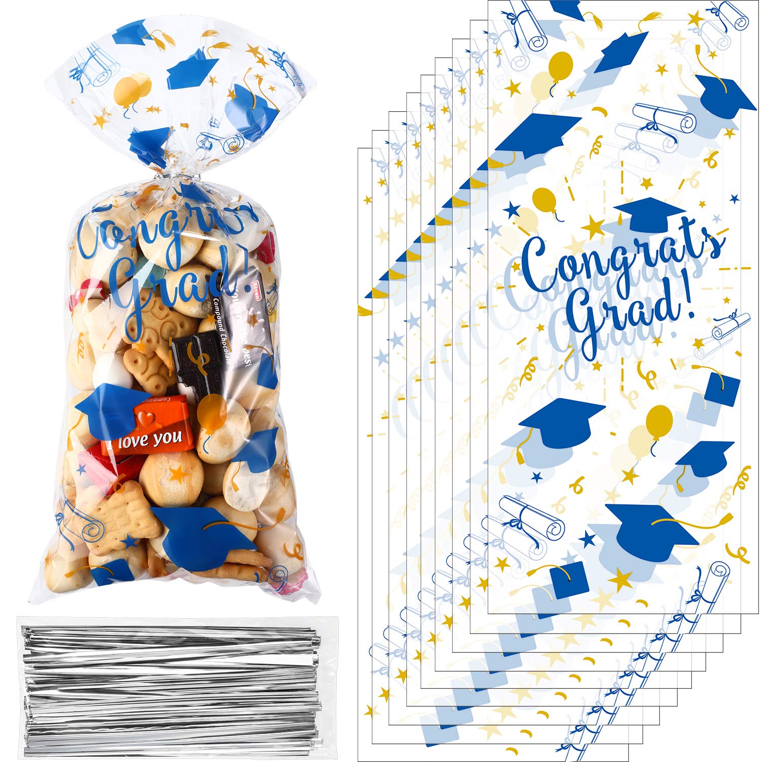 100 Pieces Graduation Cellophane Treat Bags, Congrats Graduates Candy Present Bags Plastic Clear Goodie Wrapping Bags with 100 Silver Twist Ties for Graduation Day Grad Party Supplies