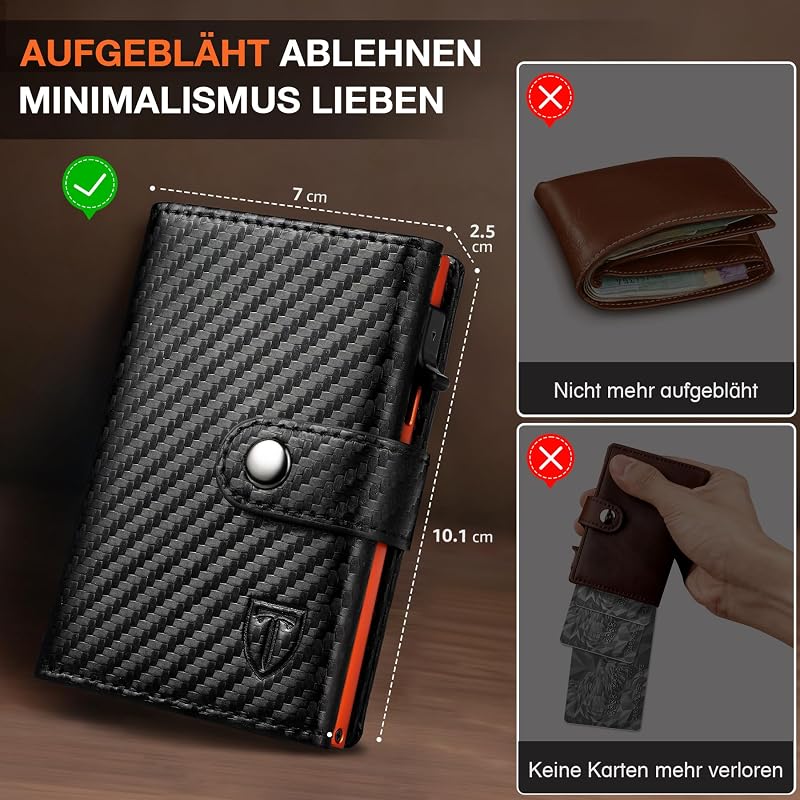 Geldbörse Herren - Portmonee Herren mit Münzfach & RFID Schutz, Hochwertige Slim Wallet, Kartenetui Klein 8-10 Karten, Premium Geldbeutel, Geschenke zum Vatertag (Schwarz & Orange)