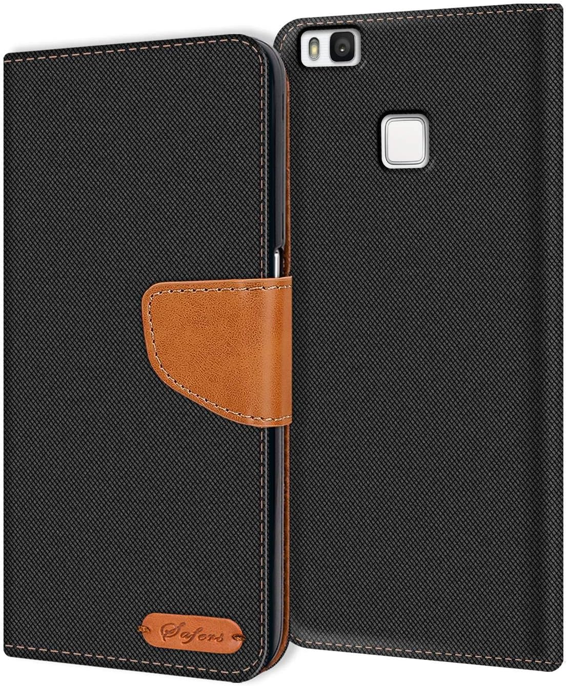 Verco Phone Wallet Case compatible with the Huawei P9 Lite, Canvas Faux Leather Book Cover for the P9 Lite Flip Case Bag Hinged - Black