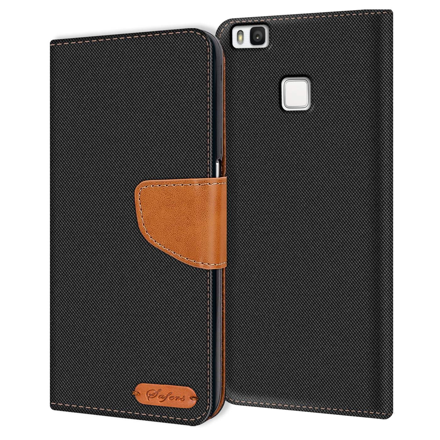 Verco Phone Wallet Case compatible with the Huawei P9 Lite, Canvas Faux Leather Book Cover for the P9 Lite Flip Case Bag Hinged - Black