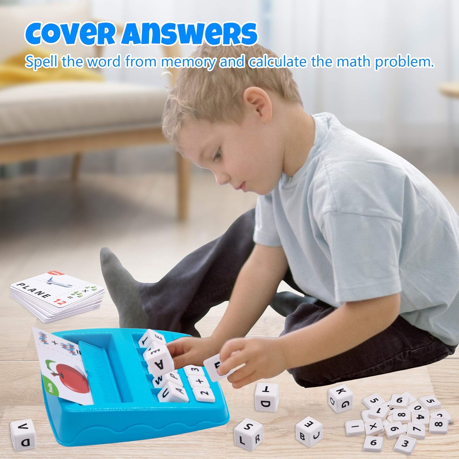 Conzy Educational Toys for Kids 5-7 Preschool, Matching Letter Number Words Spelling Math Learning Toy with 32 Flash Cards, Holiday Birthday Toy for 3 4 5 6 7 8 Year Old Girl Boy Gift (Turquoise Blue)