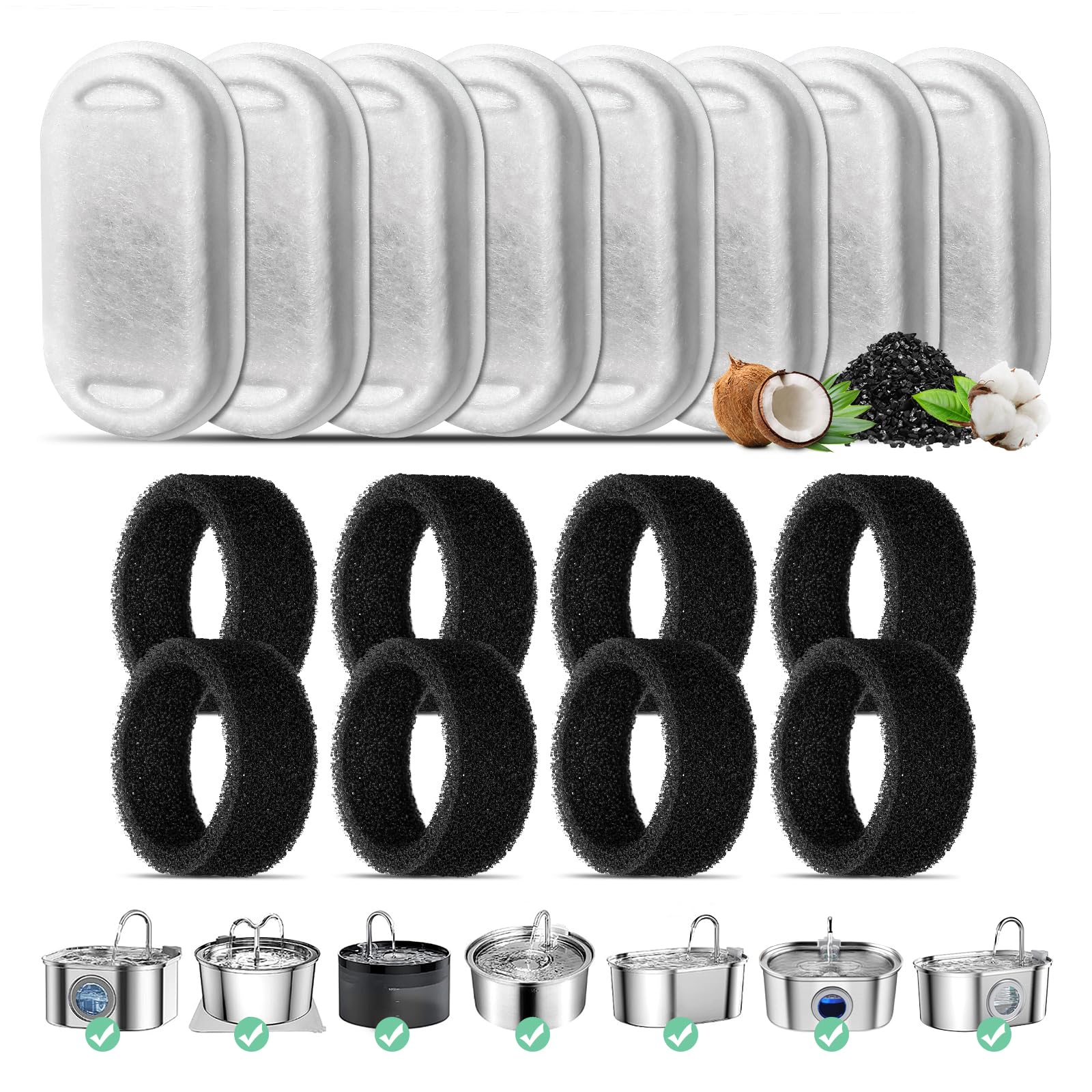 Cat Fountain Filter, 8-Pack Replacement Filter For 108oz/3.2L Stainless Steel Cat Fountain, 8 Pieces Carbon Filter And 8 Pieces Foam Filter Triple Filtration Filter For 67oz/2L Drinking Fountain