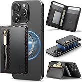 Strapurs Magnetic Card Holder Compatible with MagSafe Phones and Cases, PU Leather Phone Wallet for iPhone 17/16/15/14/13/12/Pro/Max/Plus/Air, 4 Card Slots RFID Blocking with Zipper Pocket - Black