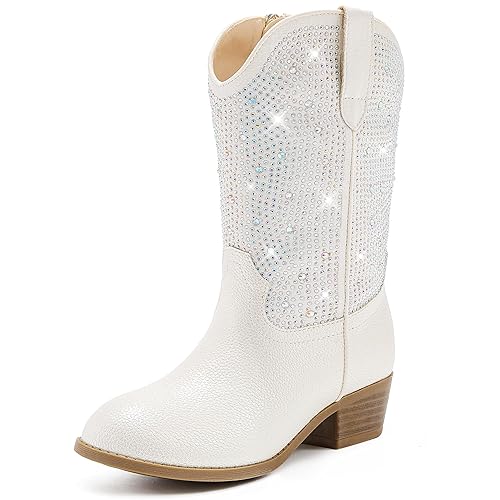 Motasha Girls Boots Rhinestone Little Girls Glitter Boots Sparkle Kids Cowboy Cowgirl Dress Boot Mid Calf Western Toddler Big Kid Horse Riding Party Birthday Christmas Dance(M7112 White 12)